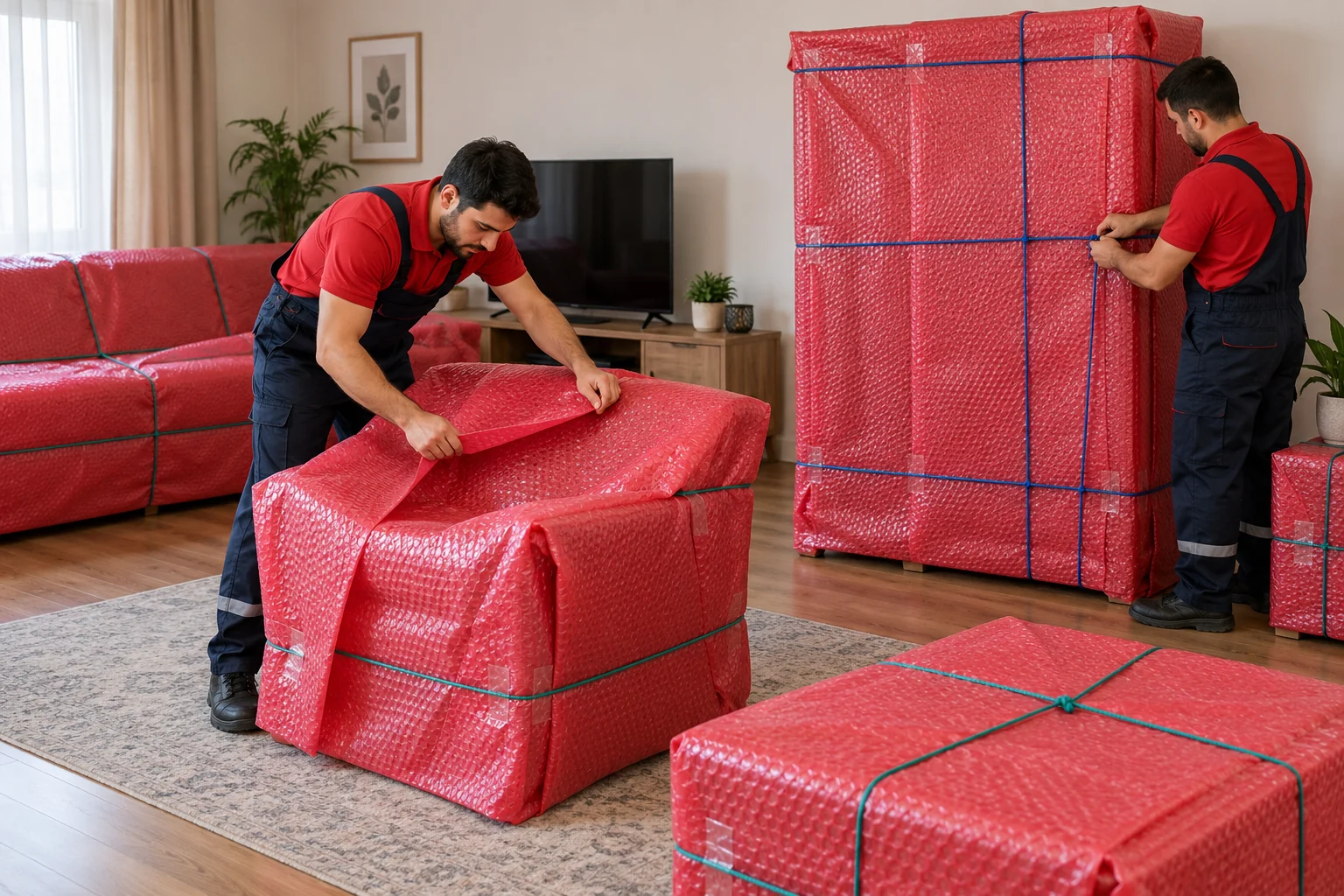 Kırmızı koruyucu ambalajla mobilya paketleme işlemini anlatan temsili görsel
